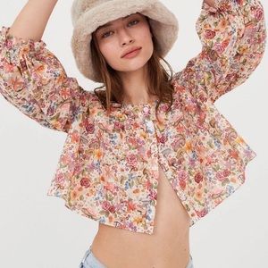 For Love & Lemons Blouse Theodora Crop Top Wonderland Print Floral Mushroom XS